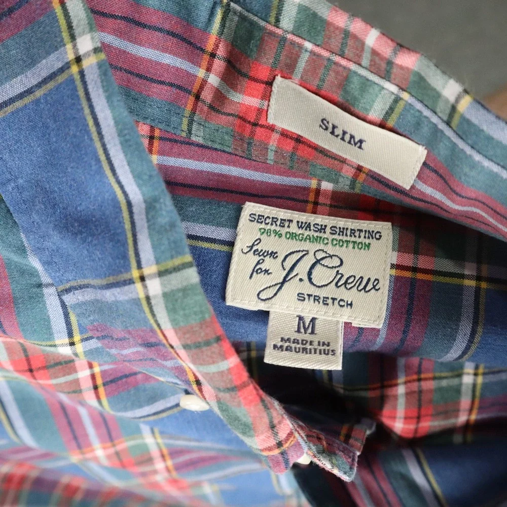J.Crew Secret Wash Organic Cotton‎ Blue Red Plaid Shirt M Slim Fit Mauritius